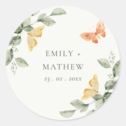 Cute Yellow Garden Foliage Butterflies Wedding Ronde Sticker (Voorkant)