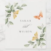 Cute Yellow Garden Foliage Butterflies Wedding Wijn Etiket (Enkel label)