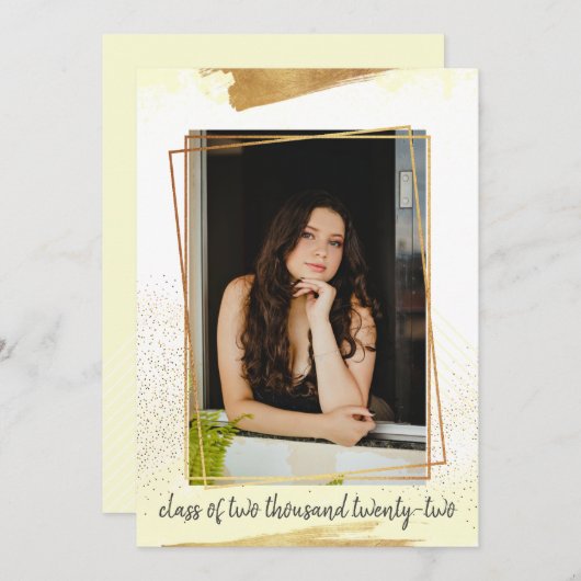 Cute Yellow & Gold Framed Afstuderen Invitation Kaart (Voorkant / Achterkant)