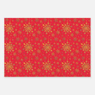 Cute Yellow Gold-kerstsnowflakes op de rode druppe Inpakpapier Vel