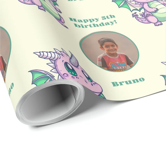 Cute Yellow Green Chibi Dragon Custom Photo Text Cadeaupapier (Rol Hoek)