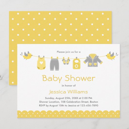 Cute Yellow Grey Clothes | Neutraal Baby shower Kaart (Voorkant / Achterkant)