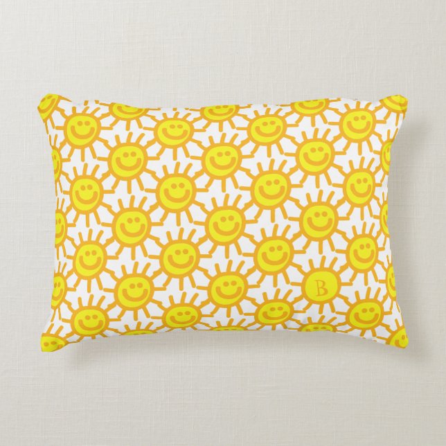 Cute Yellow Happy Face Sunshine Monogram Initiaal Accent Kussen (Voorkant)