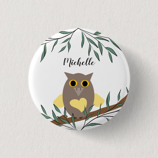 Cute Yellow Heart Owl on Branch Personalized Ronde Button 3,2 Cm (Voorkant)