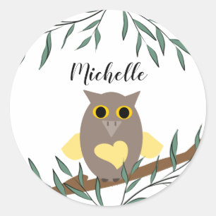 Cute Yellow Heart Owl on Branch Personalized Ronde Sticker