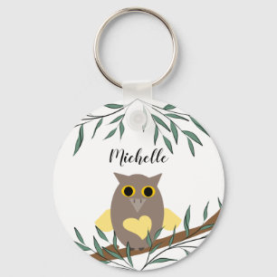 Cute Yellow Heart Owl on Branch Personalized Sleutelhanger