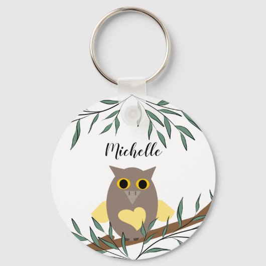 Cute Yellow Heart Owl on Branch Personalized Sleutelhanger (Voorkant)