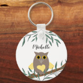 Cute Yellow Heart Owl on Branch Personalized Sleutelhanger (Voorkant)