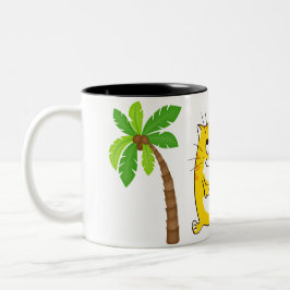 Cute Yellow Kat tussen palmbomen Tweekleurige Koffiemok