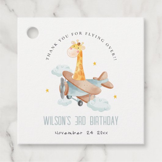 Cute Yellow Kinder Plane Stars Sky Giraffe Birthda Bedankjes Labels (Voorkant)