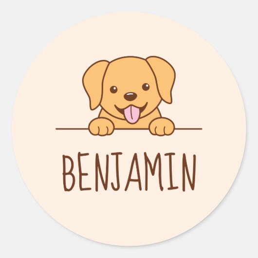 Cute Yellow Lab Dog Peking Custom Name Ronde Sticker (Voorkant)