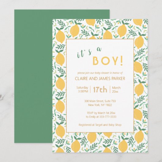 Cute Yellow Lemon Foliage | Baby Boy Shower Kaart (Voorkant / Achterkant)