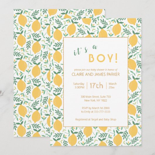 Cute Yellow Lemon Foliage | Jongen Baby shower Kaart (Voorkant / Achterkant)