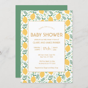 Cute Yellow Lemon Fruit Foliage Baby shower Invita Kaart