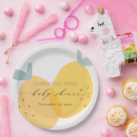 Cute Yellow Lemon Fruity Citrus Baby shower Papieren Bordje (Feest)