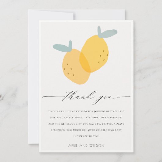 Cute Yellow Lemon Fruity Citrus Bright Baby shower Bedankkaart (Voorkant)