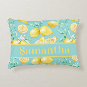 Cute Yellow Lemon Pattern op Light Blue Custom Accent Kussen