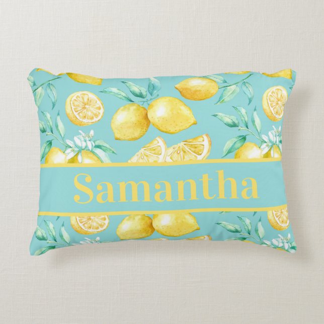 Cute Yellow Lemon Pattern op Light Blue Custom Accent Kussen (Voorkant)