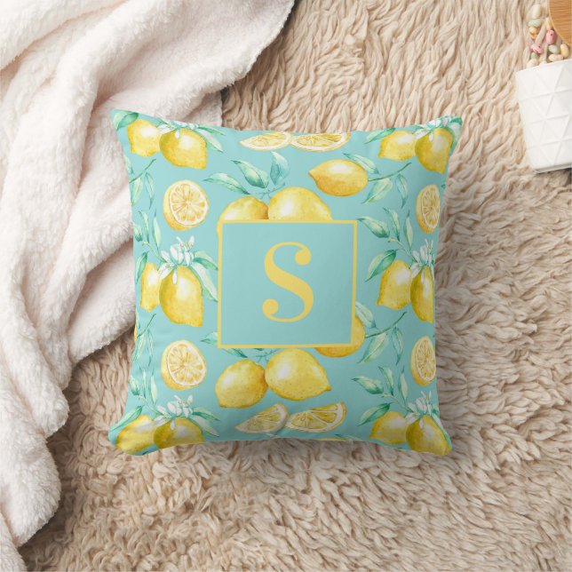 Cute Yellow Lemon Pattern op Light Blue Monogram Kussen (Deken)