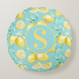 Cute Yellow Lemon Pattern op Light Blue Monogram Rond Kussen