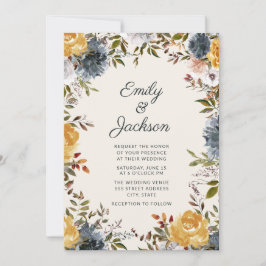 Cute Yellow Navy Blue Waterverf Floral Wedding Kaart