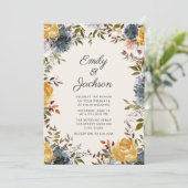 Cute Yellow Navy Blue Waterverf Floral Wedding Kaart (Staand voorkant)