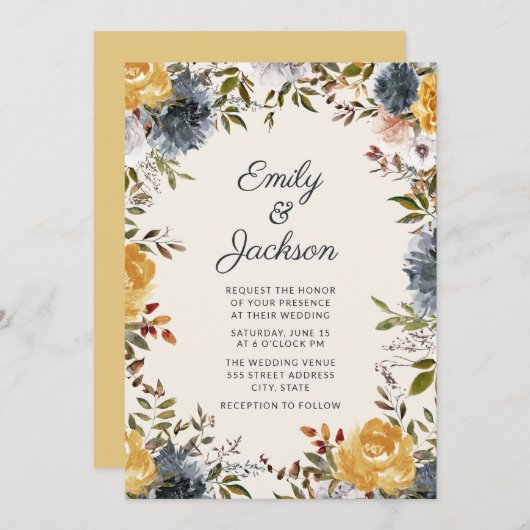 Cute Yellow Navy Blue Waterverf Floral Wedding Kaart (Voorkant / Achterkant)