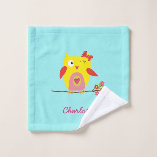Cute Yellow Owl, roze bloemen illustratie Bad Handdoek (Wasdoekje)
