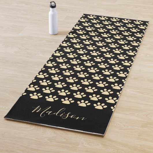 Cute Yellow Pawprint Personalized Black Yoga Mat (In situ)