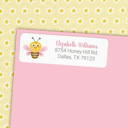Cute Yellow Pink Bee Baby shower Return Address Etiket