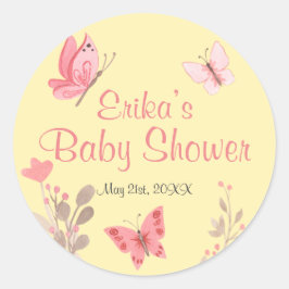 Cute Yellow Pink Floral Butterflies Baby shower Ronde Sticker