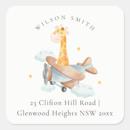 Cute Yellow Plane Giraffe Cloud Stars Sky Adres Vierkante Sticker