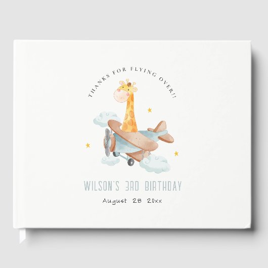 Cute Yellow Plane Giraffe Stars Cloud Birthday Gastenboek (Voorkant)
