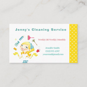 Cute Yellow Polkadot Maid House CleanService Visitekaartje