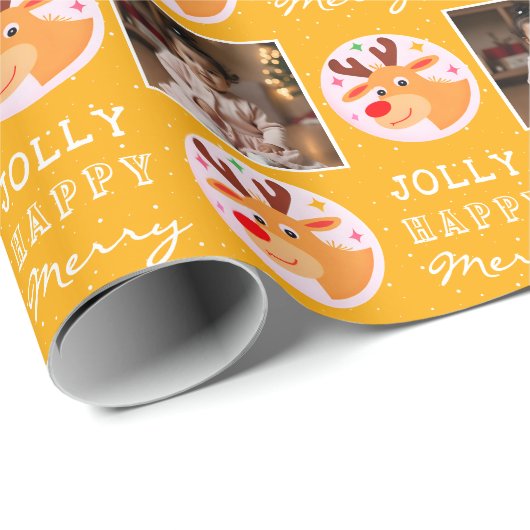 Cute Yellow Reindeer Family Photo Christmas  Cadeaupapier (Rol Hoek)