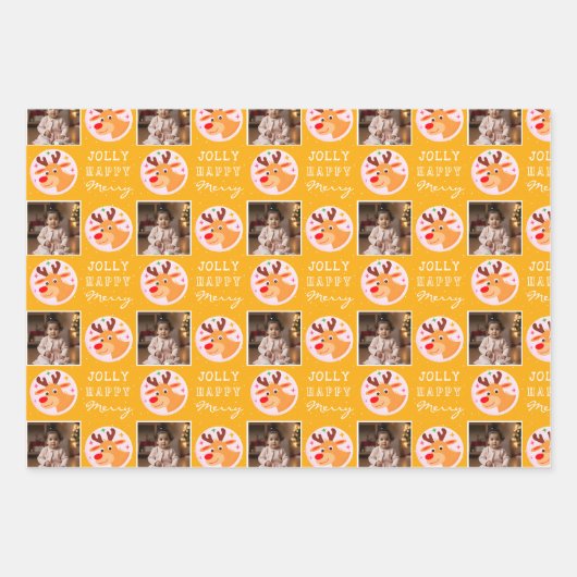 Cute Yellow Reindeer Family Photo Christmas Inpakpapier Vel (Voorkant 3)