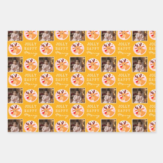 Cute Yellow Reindeer Family Photo Christmas Inpakpapier Vel (Voorkant)