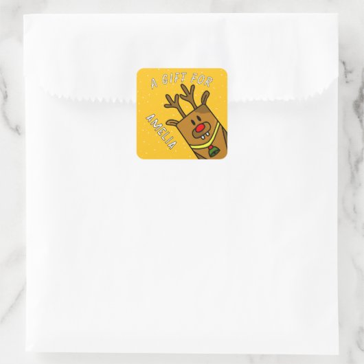 Cute Yellow Reindeer Kid`s Name Christmas Gift Vierkante Sticker (Tas)