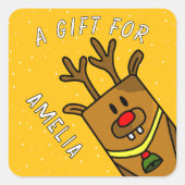 Cute Yellow Reindeer Kid`s Name Christmas Gift Vierkante Sticker (Voorkant)