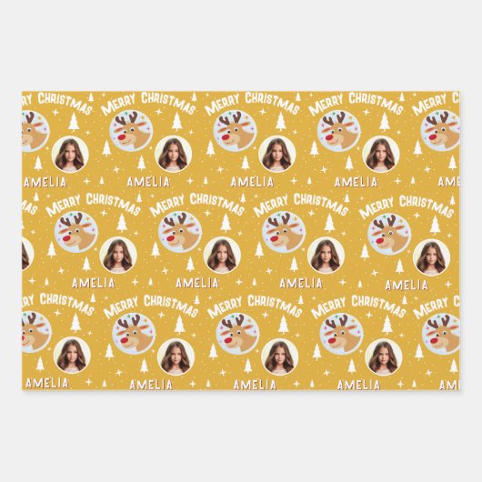 Cute Yellow Reindeer Kid`s Name Photo Christmas Inpakpapier Vel (Voorkant)