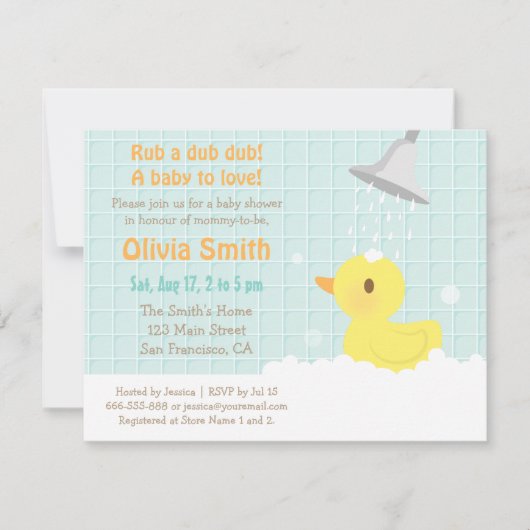 Cute Yellow Rubber Ducky Baby Shower-uitnodigingen Kaart (Voorkant)