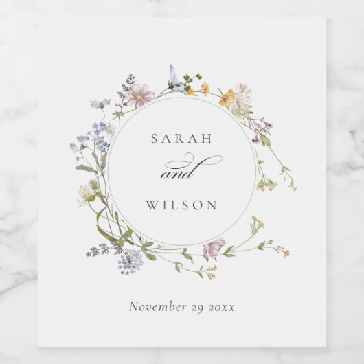 Cute Yellow Rustic Meadow Floral Wreath Wedding Wijn Etiket (Enkel label)