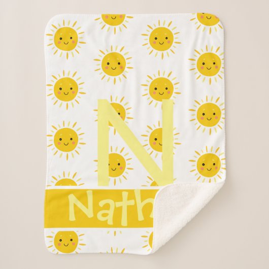 Cute Yellow Smiling Sun Monogram Name Baby Sherpa Deken (Voorkant)