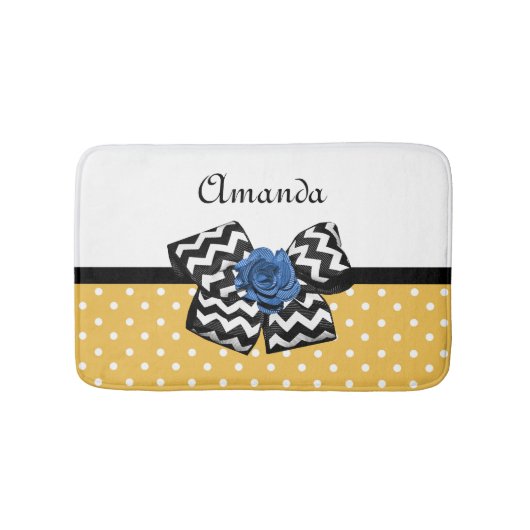 Cute Yellow Stippen Blue Roos Chevron Bow met naam Badmat (Voorkant)