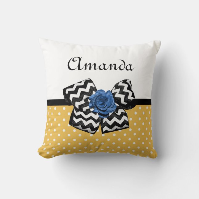 Cute Yellow Stippen Blue Roos Chevron Bow met naam Kussen (Voorkant)