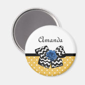 Cute Yellow Stippen Blue Roos Chevron Bow met naam Magneet (Voorkant / Achterkant)