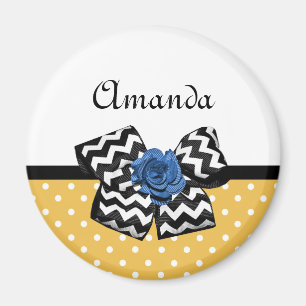 Cute Yellow Stippen Blue Roos Chevron Bow met naam Magneet