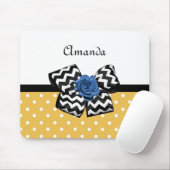 Cute Yellow Stippen Blue Roos Chevron Bow met naam Muismat (Met muis)