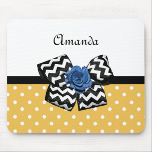 Cute Yellow Stippen Blue Roos Chevron Bow met naam Muismat