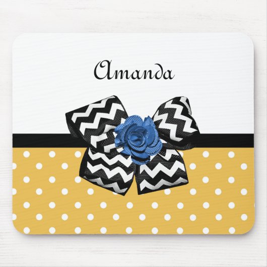 Cute Yellow Stippen Blue Roos Chevron Bow met naam Muismat (Voorkant)